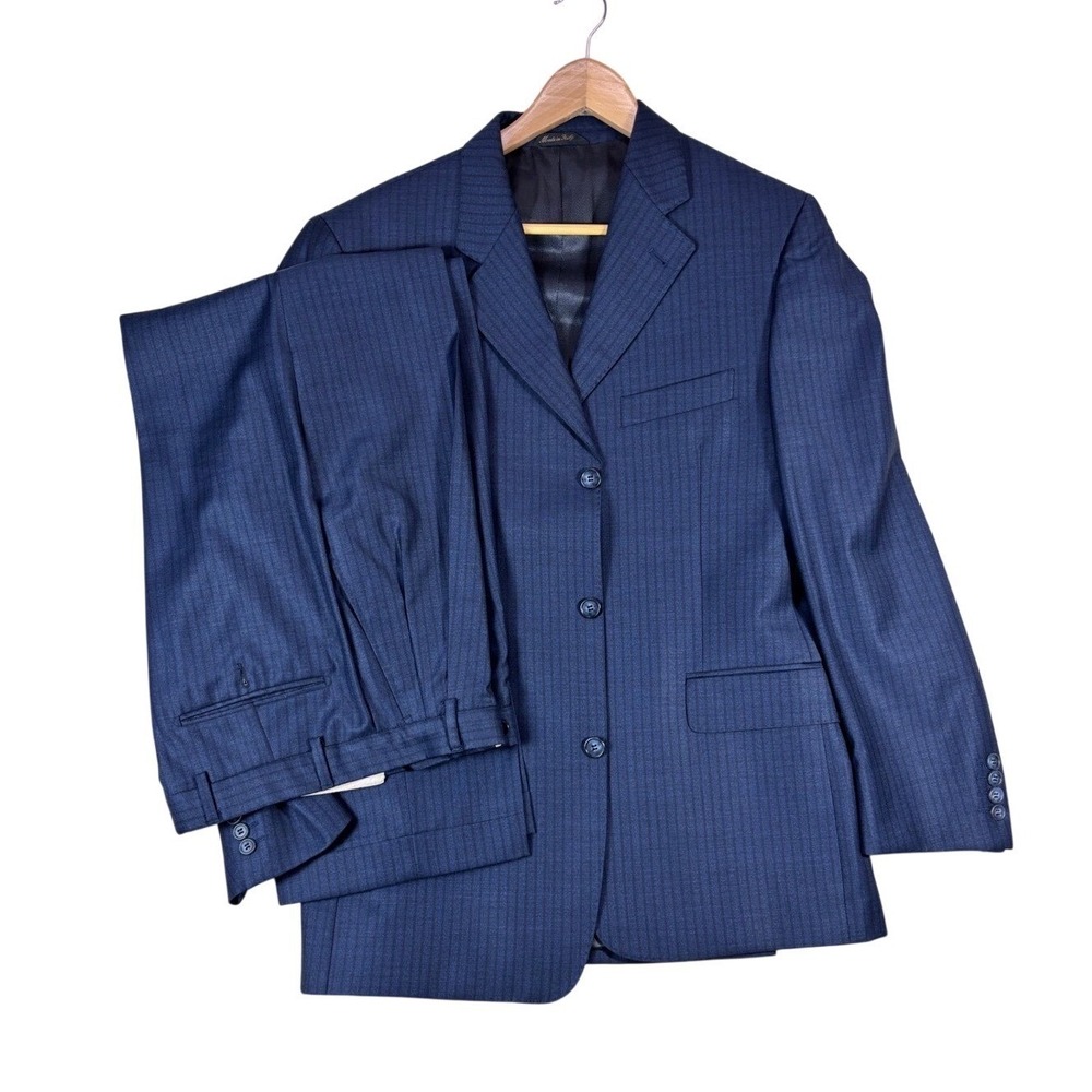 GB Baroni Uomo Mens 2 Piece Suit 40 Navy Blue Pinstripe Super 150s Wool Italy